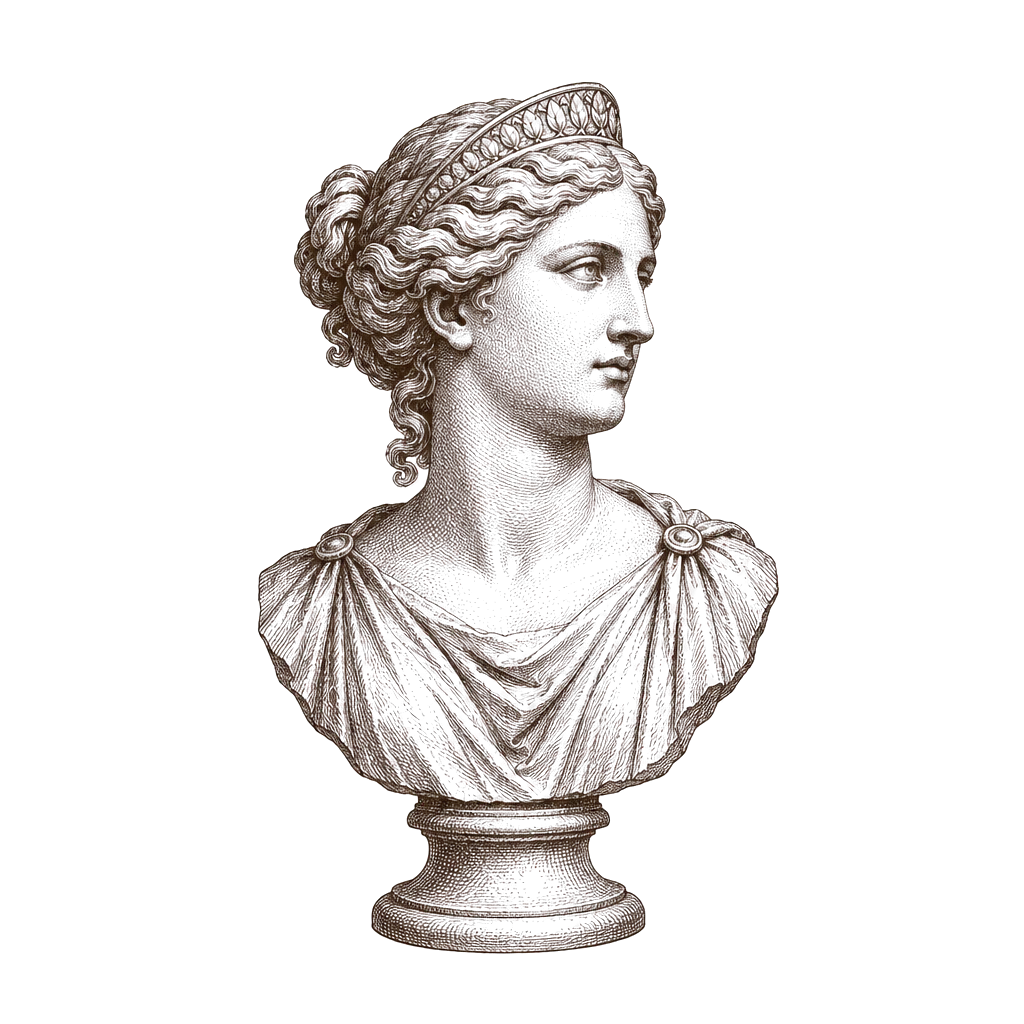 Engraving of a classical marble bust of Juno Moneta on a pedestal.