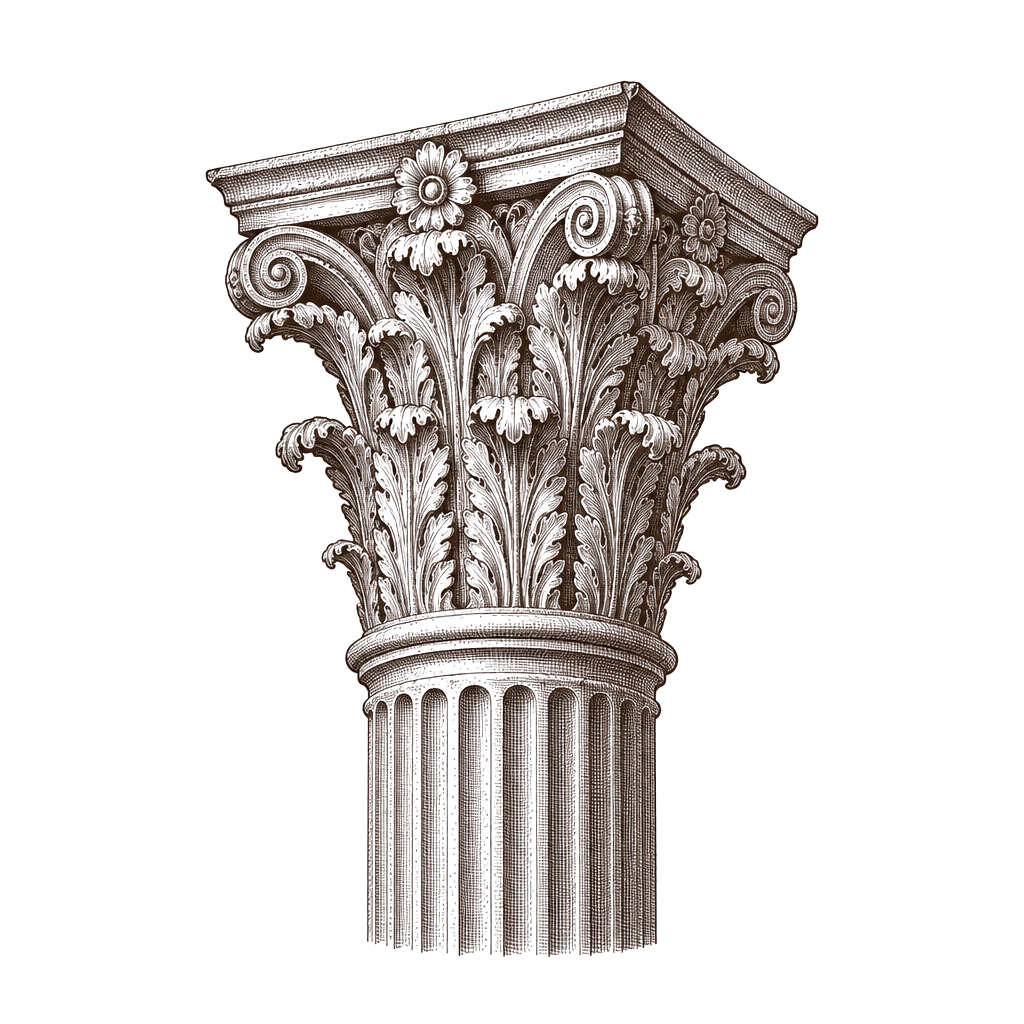 Engraving of a Corinthian column capital with acanthus leaves.