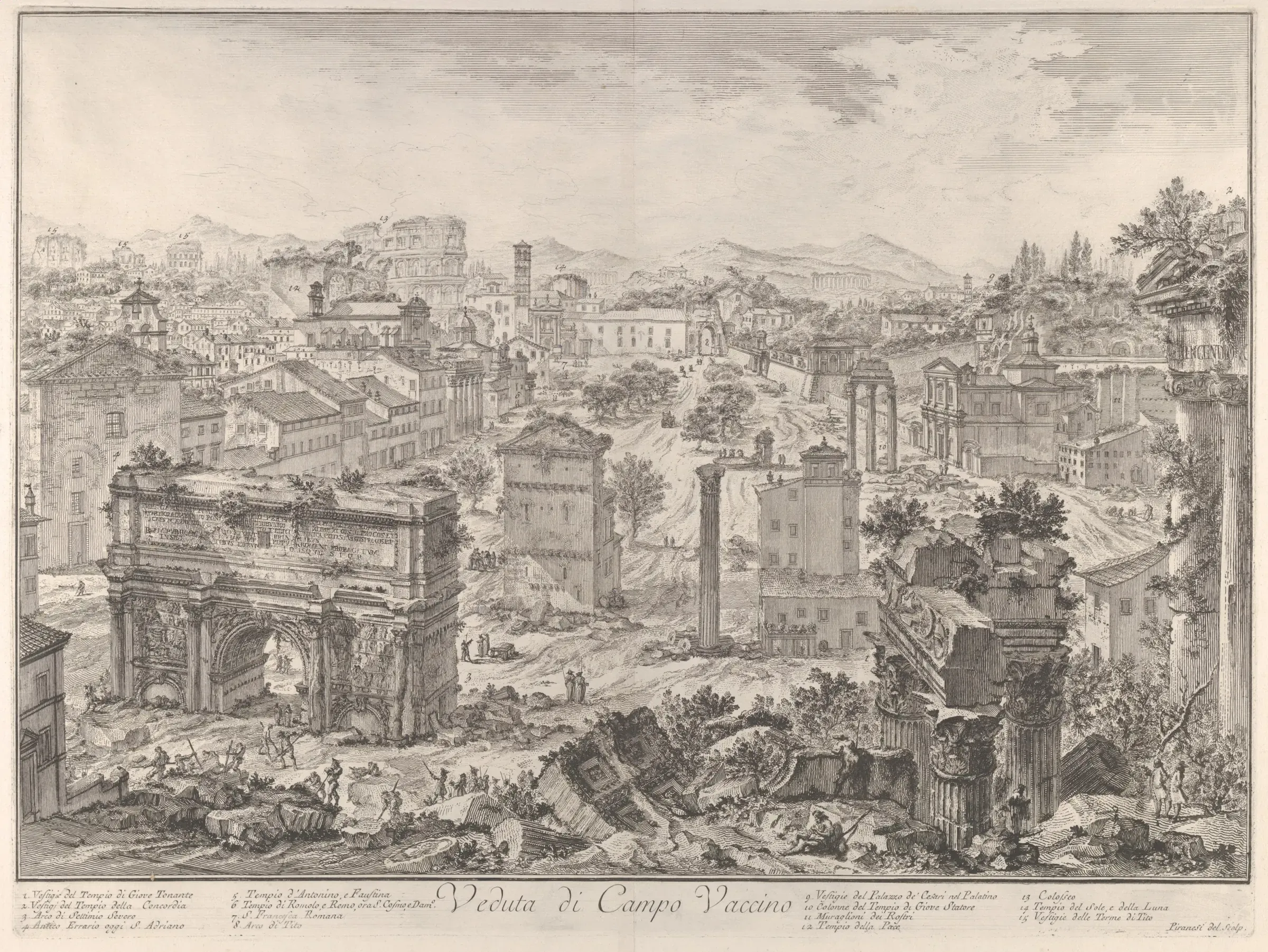 Etching by Piranesi of the Roman Forum from the Capitol, with the Arch of Septimius Severus and the Colosseum in the distance.