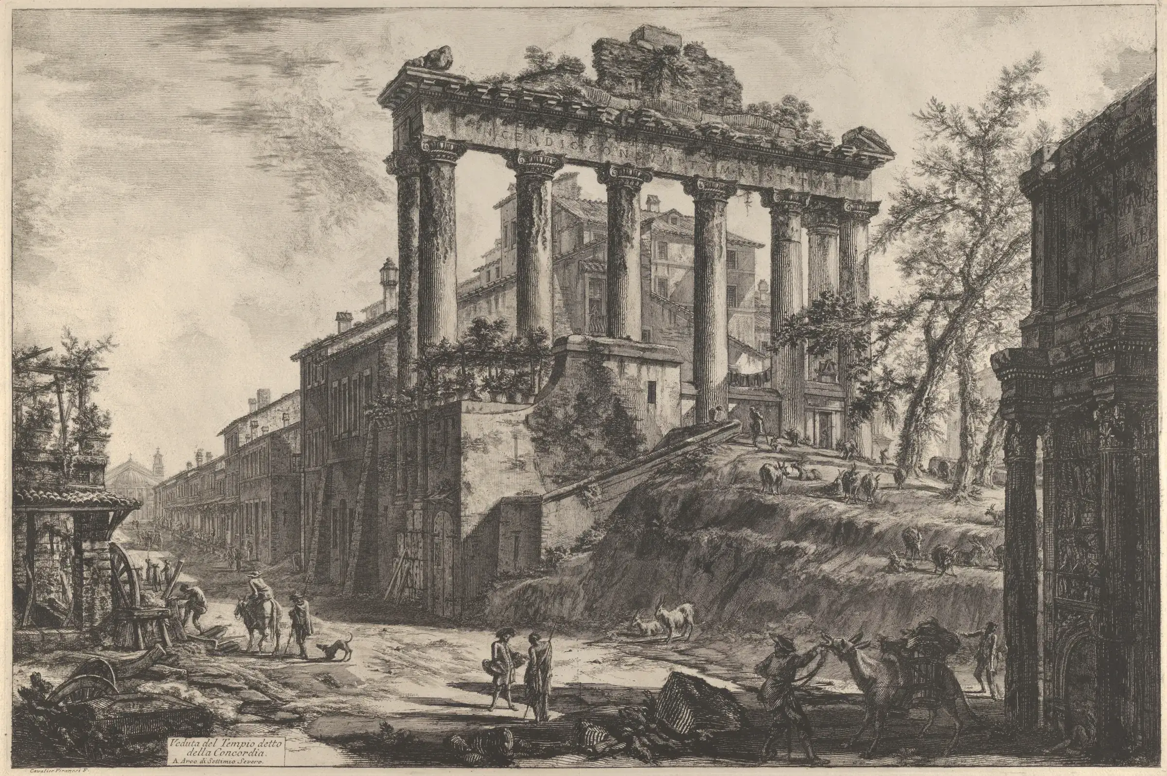 Etching by Piranesi of the ruined Temple of Saturn on the Roman Forum, its columns still standing.