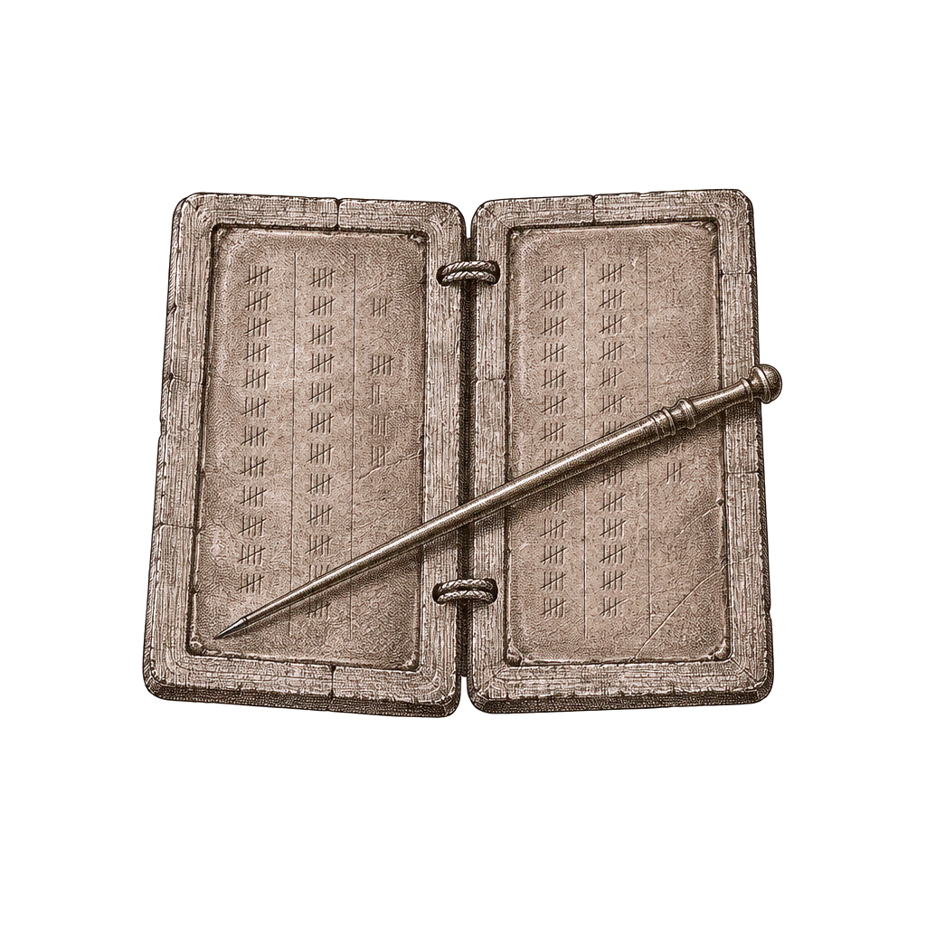 Engraving of a Roman wax tablet with tally marks and a stylus.