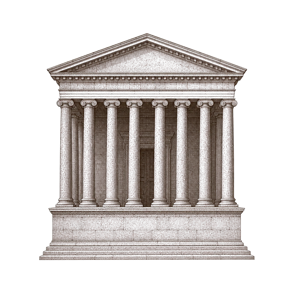 Engraving of a Roman temple facade with eight columns on a raised podium, the treasury of Rome.